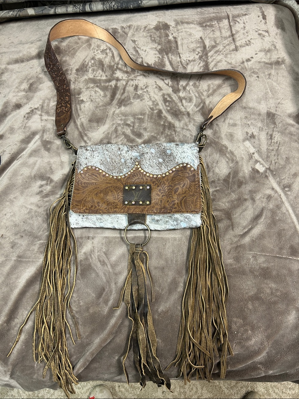 Keep it Gypsy Boho Fringe Leather and Hair-On Crossbody Bag in Brown and White